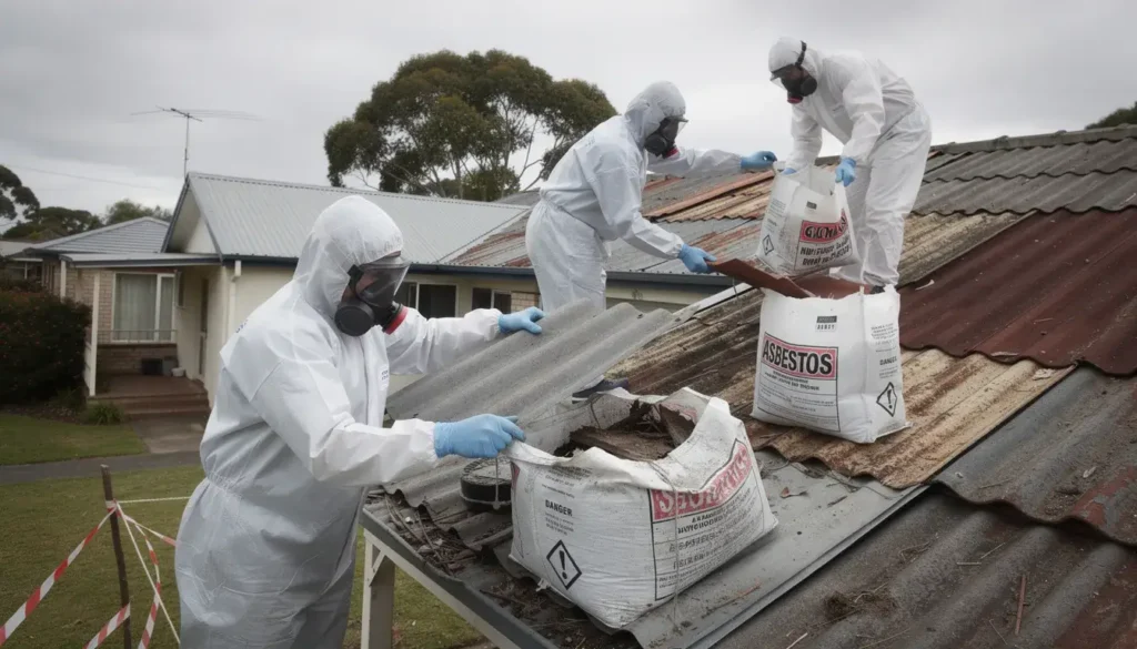 The image depicts professional asbestos removal specialists in full protective suits, meticulously removing roofing materials from a residential property to ensure safe handling of hazardous materials. Their careful removal process adheres to safety regulations, minimizing health risks associated with asbestos exposure.