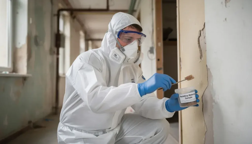A professional in protective equipment is carefully taking a sample from potentially asbestos contaminated building material, ensuring safety and compliance with Worksafe guidelines for proper disposal of hazardous asbestos waste. The sample is placed in a thick plastic bag for secure testing and future asbestos removal, highlighting the importance of managing health risks associated with exposure to asbestos fibres.